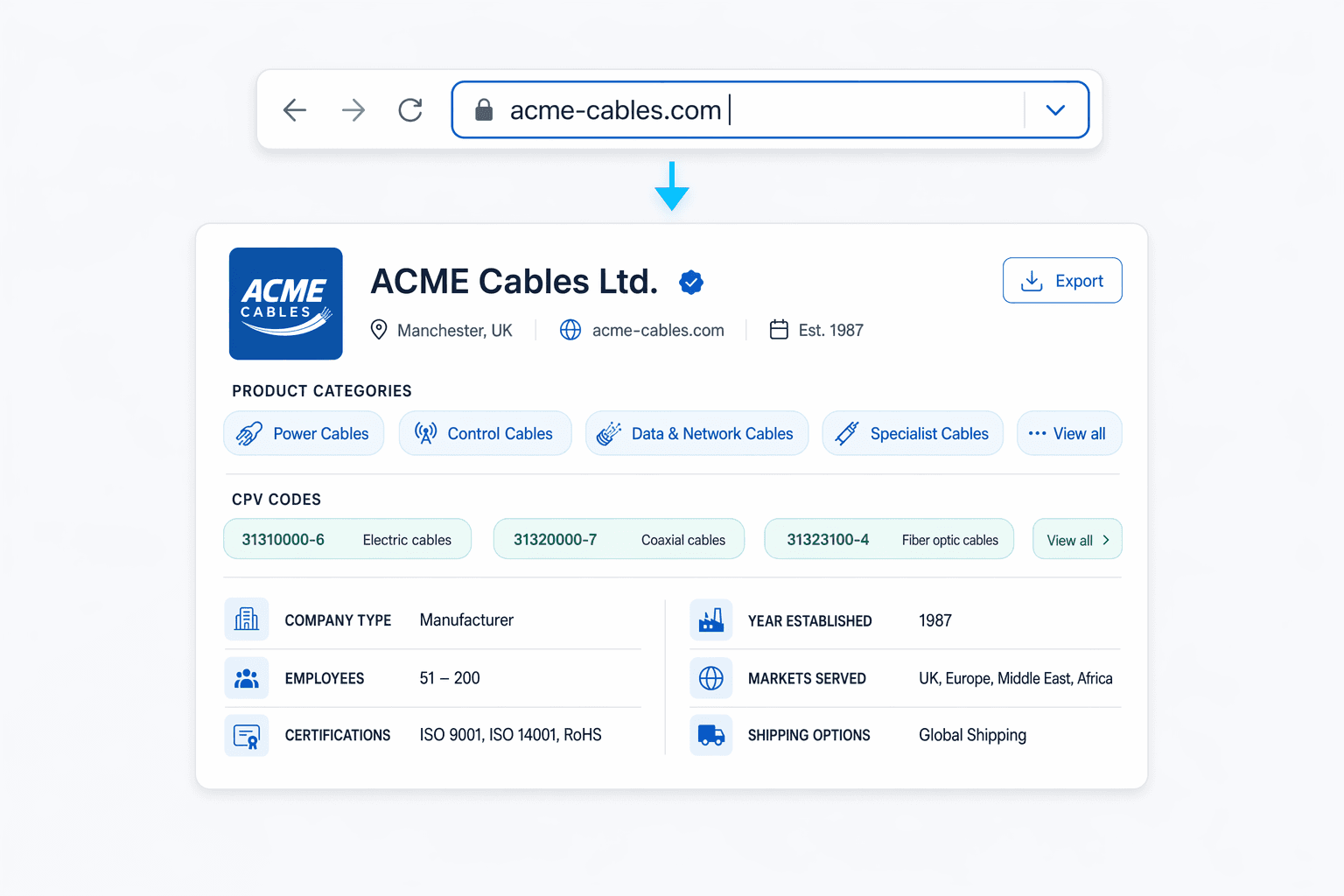 A company website URL turning into a structured product profile with CPV codes